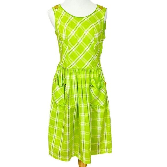 Vintage 60’s Handmade Lime Green Plaid Apron Style Fit and Flare Dress S - Picture 1 of 10
